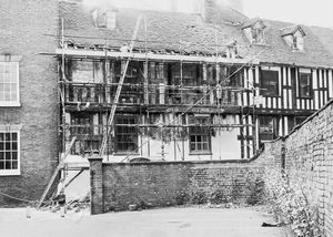 Scaffolding up at Perches House during a rebuilding phase in the early 1980s. Rose Roberts earned a Civic Award for her work in restoring it
