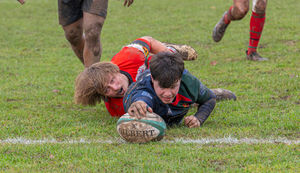 Lichfield RFC vs Nuneaton Jan 31st 2026. Henry Nevitt stretches over for a try.