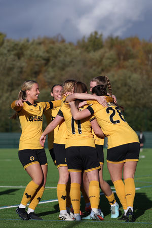 Wolves celebrate a goal during the FAWNL Northern Premier Division match at Halifax (Photo by Morgan Harlow - WWFC/Wolves via Getty Images)