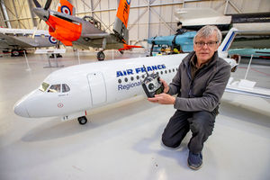 Model Mania at RAF Cosford with the Large Model Association. Paul Bellinger from the Large Model Association with his model Fokker 70 which was the largest on display.