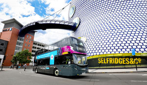 A National Express West Midlands bus outside the Selfridges building in Birmingham. Credit: National Express.