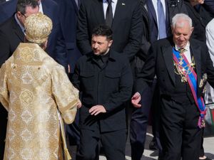Ukraine’s President Volodymr Zelensky, centre, arrives for the funeral of Pope Francis in St Peter’s Square at the Vatican