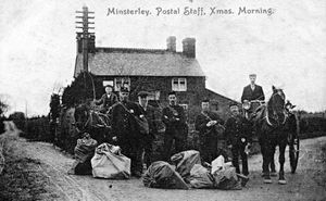 'Minsterley, Postal Staff, Xmas Morning.' A Park of Newtown postcard franked on October 25, 1907. The building in the background is likely Minsterley post office. Picture loaned by postcard collector Ray Farlow.