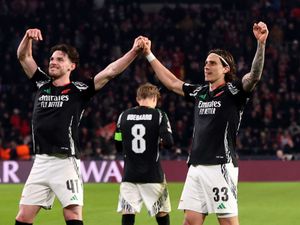 Arsenal’s Riccardo Calafiori (right) celebrates scoring with Declan Rice