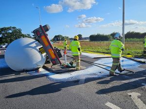 Supporting image for story: Environment Agency called after tanker overturns and spills milk near busy roundabout 