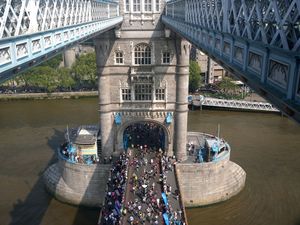 The mass participation race on Tower Bridge during the TCS London Marathon