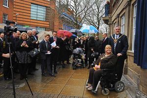 The crowd watching the plaque being unveiled at The Gateway building to the University of Wolverhampton