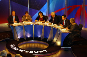 Back again – Question Time returns to Shrewsbury in 2012. Charles Moore, Caroline Lucas, Baroness Sayeeda Warsi, David Dimbleby, MP Stephen Twigg and Germaine Greer get ready for the debate.