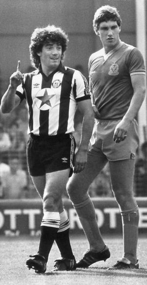 Shrewsbury Town's Nigel Pearson towers over Newcastle United's Kevin Keegan in a clash at Gay Meadow in the 1980s