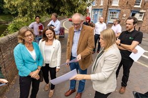   Flooding minister Rebecca Pow with Telford MP Lucy Allan and Telford & Wrekin Councillors David Wright and Carolyn Healy, on her visit to Ironbridge.