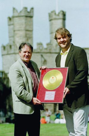 At Caernarfon Castle, presenting Bryn Terfel with his first Sain gold disc. Picture: Gerallt Llywelyn