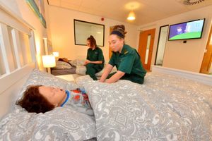 Student paramedics Elizabeth Piper and Olivia Sheppard in a mock flat