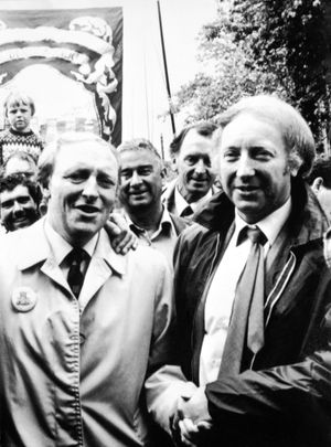 Labour leader Neil Kinnock with NUM president Arthur Scargill at a miners' gala in July, 1984. Behind the smiles lay a bitter dislike.