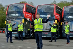 Transport Secretary Grant Shapps with National Express UK MD Tom Stables, Mike Wood MP, Dudley Council leader Patrick Harley and West Midlands Mayor Andy Street