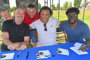 Fan Martin Maycroft meets (L-R) Bob Taylor, Don Goodman and Tony Daley.