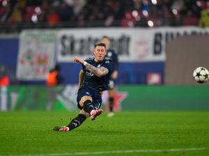 Aston Villa's Ross Barkley scores their side's third goal of the game during the UEFA Champions League league stage match at RB Leipzig