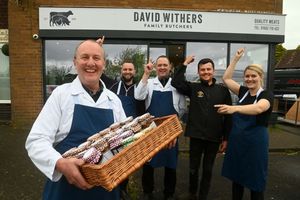 David Withers Butchers is expanding and has taken over what was a fashion shop before. David Withers celebrates the new shop with Lee Bull, Stan Charmers, Tom Withers and Beth Withers
