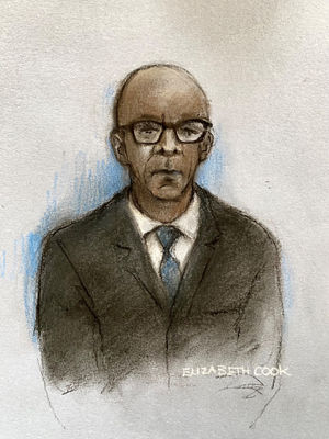 Court artist drawing by Elizabeth Cook of BBC presenter Jay Blades appearing at Shrewsbury Crown Court via video link, charged with two counts of rape. Photo: Elizabeth Cook/PA Wire