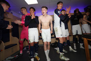 West Bromwich Albion players Ethan Ingram of West Bromwich Albion, Zac Ashworth of West Bromwich Albion and Caleb Taylor of West Bromwich Albion celebrate the semi final victory over Fulham 2-1 in the dressing room after the Premier League Cup / PL Cup at The Hawthorns on May 3, 2022 in West Bromwich, England. (Photo by Adam Fradgley/West Bromwich Albion FC via Getty Images)...