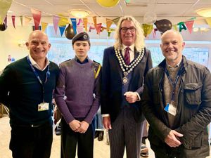 Mayor's Cadet Sgt Ellis Yeo with Llandrindod Wells Mayor Councillor Steve Deeks-D'Silva at Wylesfield Care Home's 60th anniversary celebration