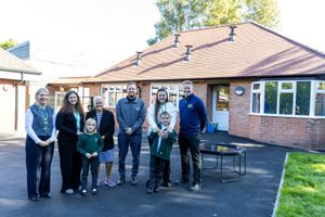 Pictured (left to right) outside the new SEND hub: Headteacher at Newport CE Junior School Nicola Moody, SENDCO Jane Kerr, Councillor Shirley Reynolds, Tom Fisher from Telford & Wrekin Council, teacher Chloe Pearson, and Andy Pryce with  pupils