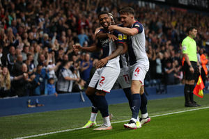 Dara O'Shea of West Bromwich Albion and Grady Diangana of West Bromwich Albion celebrate with Darnell Furlong of West Bromwich Albion after his throw into the box caused an own goal from Luton Town to make the score 1-0. (AMA)