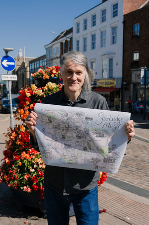Jonn Penney of Neds Atomic Dustbin holds the Stourbridge Music Map