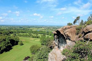 The view from the top of Hawkstone Park Follies, from where a stone lion roared a message of peace in 1945. 