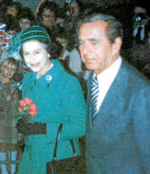 Lord Northfield escorting the Queen at the celebrations to mark the opening of Telford Town Centre in November 1981