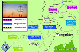 Supporting image for story: Map shows planed route for power line from Mid Wales to Shropshire