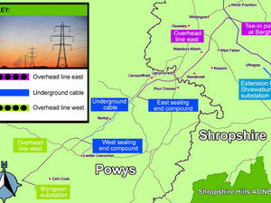 Supporting image for story: Map shows planed route for power line from Mid Wales to Shropshire