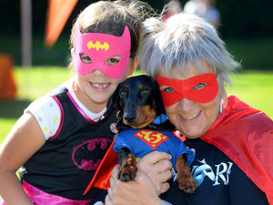 Evie Wood, aged 7 with gran Jayne Wood and Oska the dog