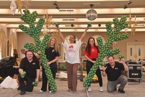 Moor Hall Hotel & Spa, Sutton Coldfield, and Britains first Christmas Tree balloon is under way at being built. Its helping to raise money for charity. In the white T is organiser: Naomi Spencer, With her is: Christine Merton and Gemma Purchase, Dominic Cassidy and Keith Sturman.