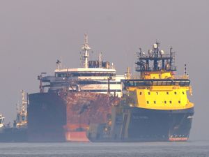 The tanker Stena Immaculate being towed into the Port of Great Yarmouth