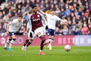 Aston Villa's Marcus Rashford scores their side's second goal of the game from a penalty during the Emirates FA Cup quarter final match at Deepdale, Preston. Picture date: Sunday March 30, 2025.