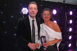 BUSINESS COPYRIGHT NATIONAL WORLD TIM STURGESS 13/11/24.  Ladder for the Black Country  Apprentice Awards 2024 .The Richardson Suite at West Bromwich Football Club. Pictured, James Fleet presents Laura Blake with the ,health, education and care award.