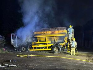 Supporting image for story: Gritter lorry destroyed in fire near Market Drayton 