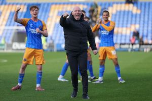 Shrewsbury Town head coach Michael Appleton celebrates at full-time