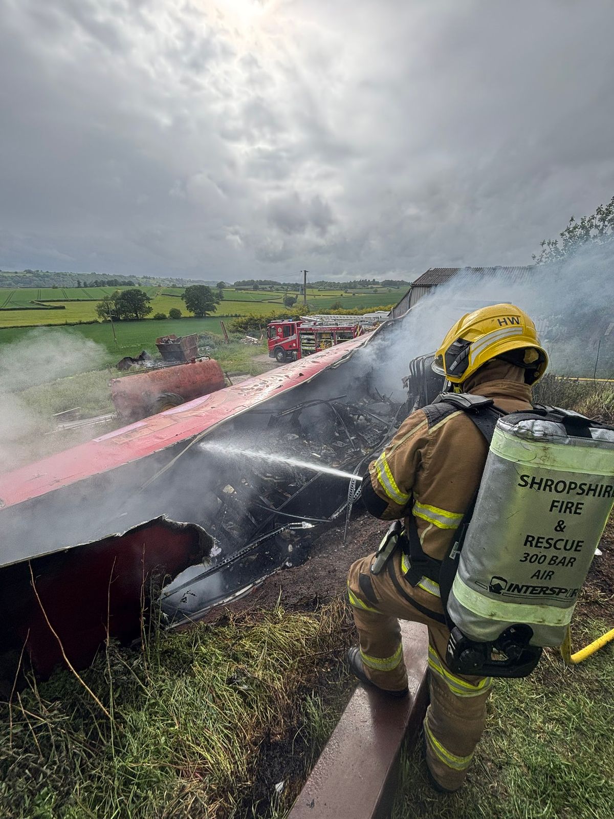 Dramatic pictures show smoking and scorched lorry trailer badly damaged in blaze near Bridgnorth