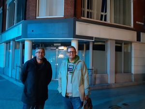 Wellington Town Councillors Giles Luter, left, with Councillor Paul Davis pictured outside the former Halifax building after the Tuesday's meeting. Picture: LDRS