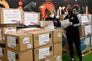 Foundation staff Jeanette Walker and Rachel Smith preparing the distribution of the masks and PPE equipment to the local NHS which had been provided by Fosun.