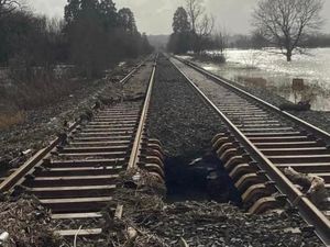 Supporting image for story: 'Another blow' as Storm Franklin floods wash away railway line near Welshpool