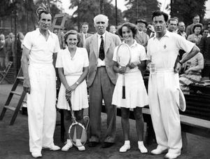 This photo was taken at Severnside Lawn Tennis Club in Shrewsbury around 1950. From left are: Fred Perry (a tennis legend); former Shropshire County player Margaret Emberton, J.D. Davies, president of Shropshire County Lawn Tennis Association; unknown; and then Dan Maskell, a tennis player who became a famous commentator of Wimbledon. The picture was supplied by Graham Emberton. Margaret was his sister. She became on marriage Mrs Margaret Ankers. 