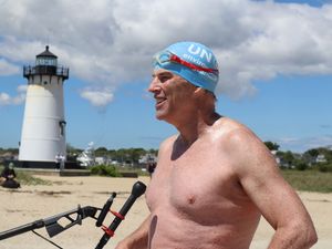 Supporting image for story: Lewis Pugh warns we must protect sharks as he completes swim to mark Jaws’ 50th