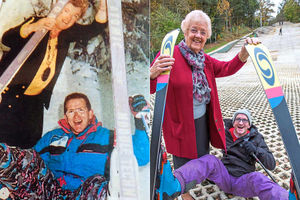 Eddie with Councillor Hilda Rhodes back in 1992 and then seen with her again on Thursday at Telford Snowboard and Ski Centre