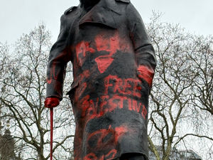 Supporting image for story: Winston Churchill statue daubed with graffiti calling him ‘Zionist war criminal’