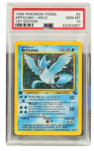 A 1st edition Pokémon Fossil Articuno Holo, PSA Gem Mint 10, estimated to sell for £1,800-£2,000.