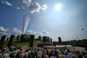 The Red Arrows flypast the national Service of Remembrance, hosted by the Royal British Legion in partnership with the Government, to mark the 80th Anniversary of VJ Day at the National Memorial Arboretum in Alrewas, Staffordshire. Picture date: Friday August 15, 2025. PA Photo. Photo credit should read: Alastair Grant/PA Wire 