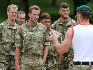 Supporting image for story: PICTURES: Joe Hart and England squad swap kit for khaki with Royal Marines 