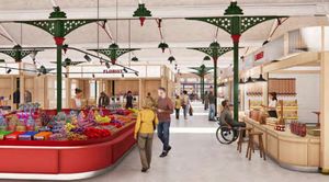 View of low gondolas, kiosks and serve-over units looking south